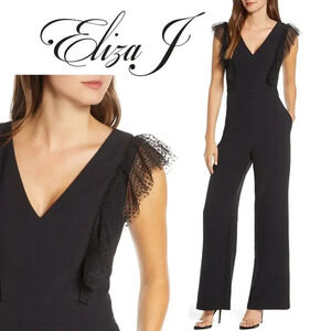 Eliza J, Tulle Dot Mesh Ruffle Sleeveless Jumpsuit,‎ Black